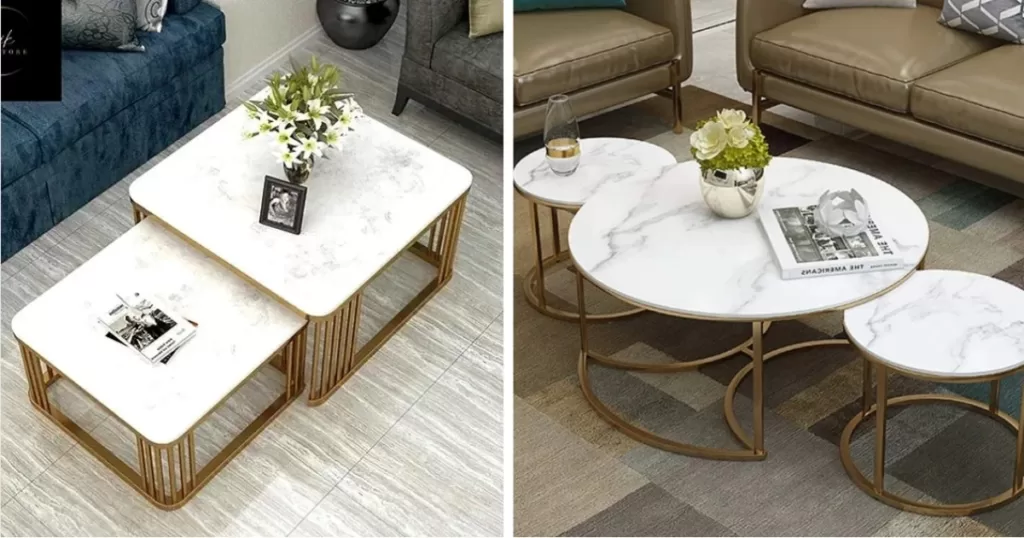 Nested marble coffee tables in square and round shapes make a stylish statement, answering the question: 'Is the Marble Coffee Table in Style?