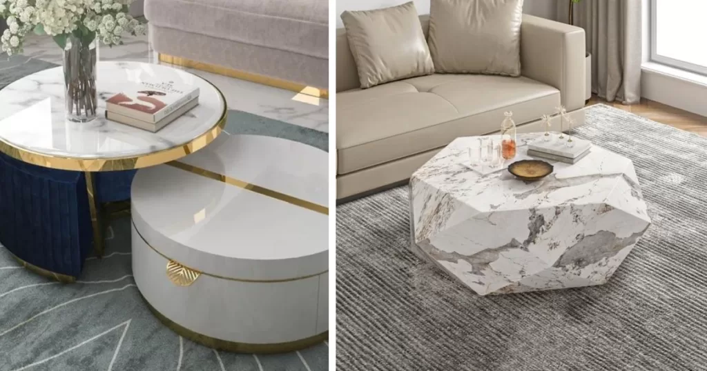 To find out Is the Marble Coffee Table in Style 2 images of sculptured marble coffee tables are shown.