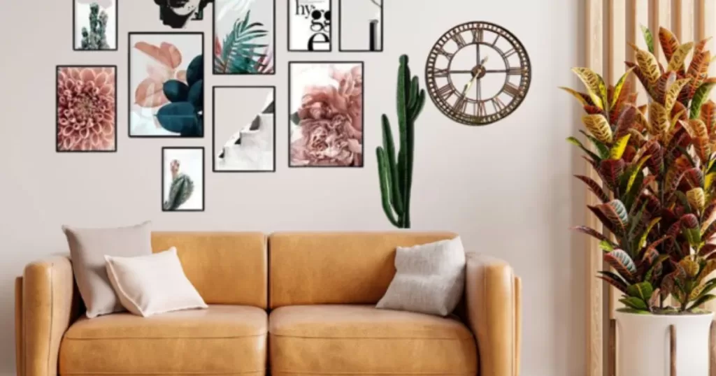 a well-decorated living room wall behind a sofa, adorned with captivating wall art and a stylish wall clock.