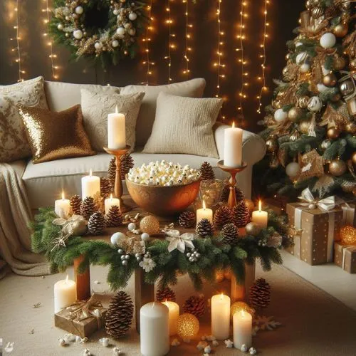 A room adorned with fairy lights and candles. Transforming the space with affordable lighting for the holiday season