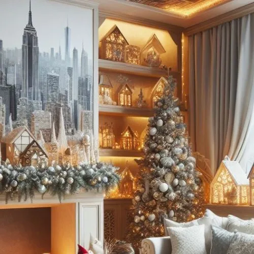 Image of a room with shelves and surfaces, filled with Christmas decorations. 