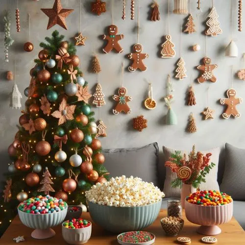 "Image of candy canes, popcorn garland, and festive-coloured candies used as edible decor. A delicious and budget-friendly way to adorn your home for Christmas. 