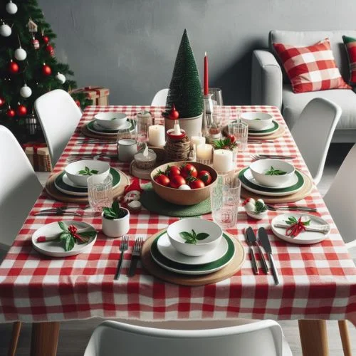 to Decorate a Table for Christmas it is adorned with a vibrant and holiday-themed tablecloth, setting the foundation for a festive atmosphere