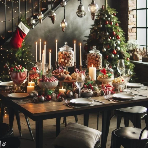 A Christmas table beautifully decorated with sweet treats, adding a delightful touch to the festive setting