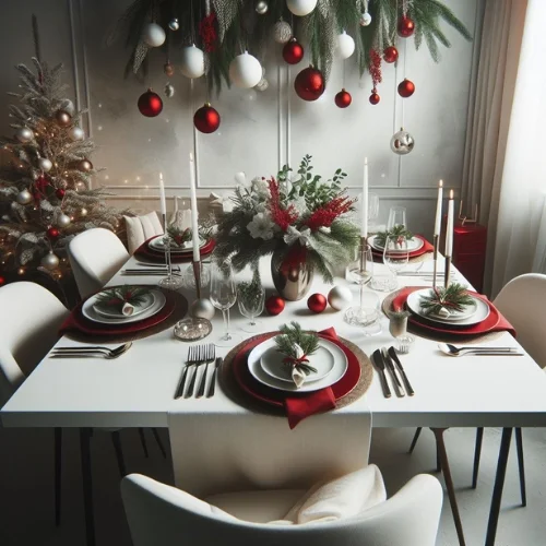 A captivating centrepiece, adorned with festive elements, serves as the focal point of the Christmas table