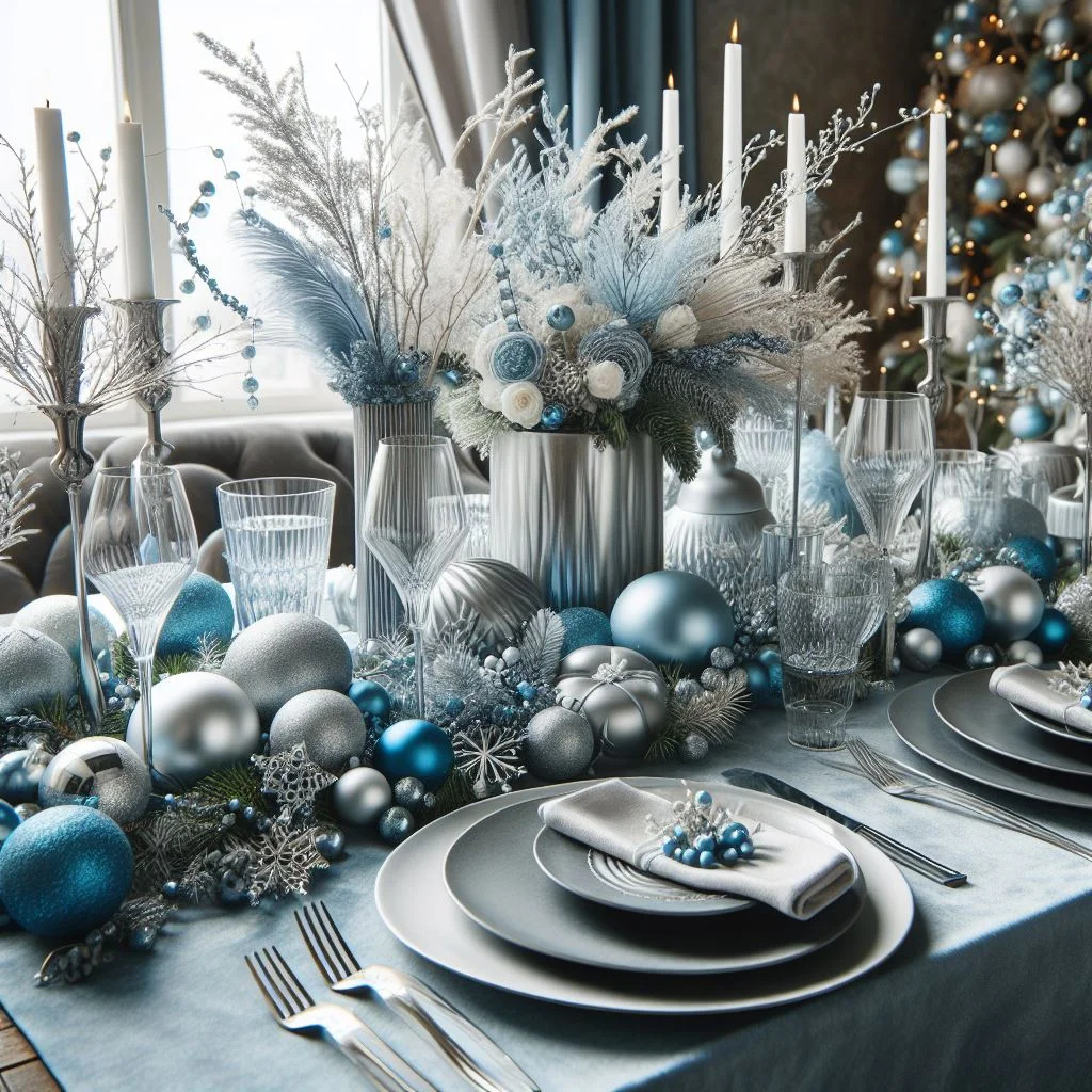 A beautifully set table featuring elegant blue and silver Christmas decorations, creating a sophisticated and festive ambiance.
