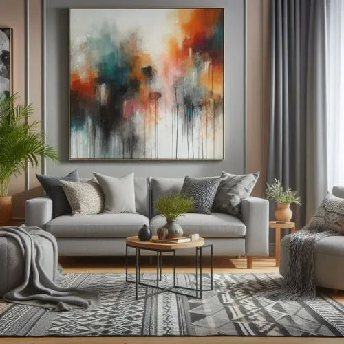 Dull Home Look Vibrant: Dull Furniture in Livingroom meets Vibrant Wall Art for a Lively Ambiance!
