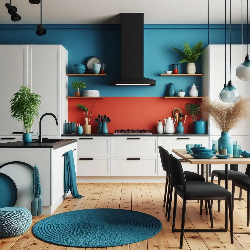 Colourful accessories in a kitchen with white cabinets and black hardware.