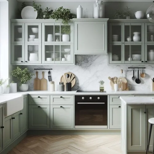 sage green kitchen cabinets paired with a sleek white marble having black grains and white quartz countertop.