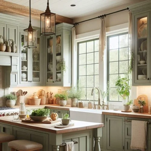 Sage green kitchen cabinets adorned with wooden accents and a neutral beige backsplash, creating a warm and inviting space