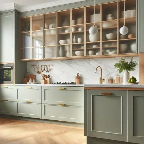 sage green kitchen cabinets paired with luxurious golden hardware for a touch of opulence.