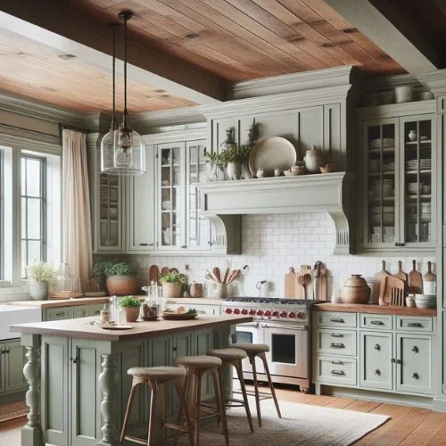 Sage green cabinets in a farmhouse-style kitchen with rustic accents, creating a warm and inviting atmosphere.