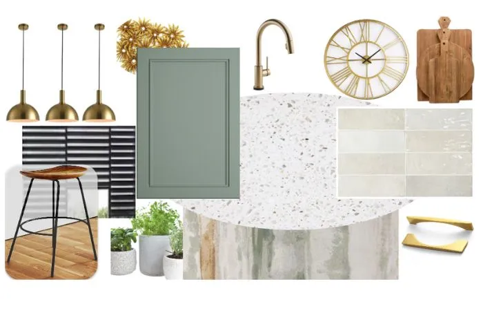 Luxurious kitchen mood board featuring sage green cabinets, glossy white countertops, opulent golden handles and knobs, golden light fixture, and elegant golden wall art. Wooden flooring and black accents add contrast, with splashes of green and beige for a rich look