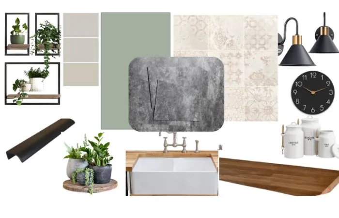 Modern kitchen mood board featuring a sage green wooden countertop, white sink, sleek black hardware, stone effect black backsplash, and rustic cream flooring.