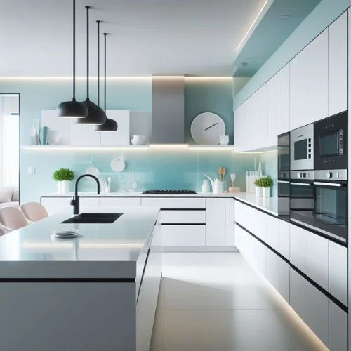 Kitchen showcasing integrated or inbuilt sleek appliances with white cabinets and black hardware.
