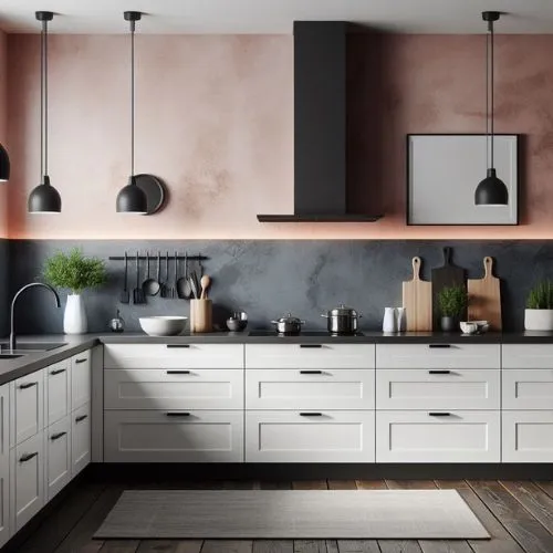 Kitchen interior with white cabinets, black hardware, and trendy wall colours.
