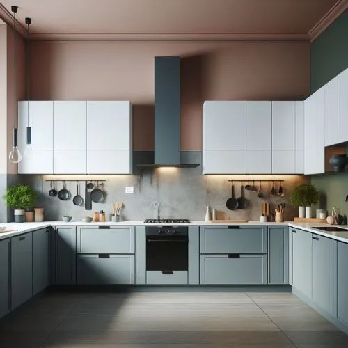Modern kitchen with two-tone cabinets – white lower and trendy colour upper, both with black hardware.
