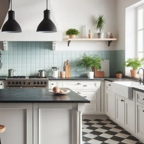  Kitchen adorned with green plants, white cabinets, and black hardware.
Bringing life to the kitchen with greenery against the backdrop of white and black.