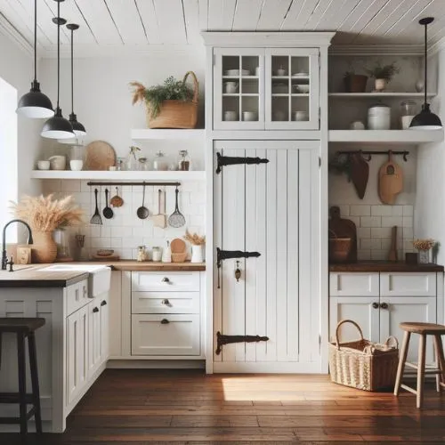 Farmhouse-style kitchen with exposed black hardware on white cabinets.
