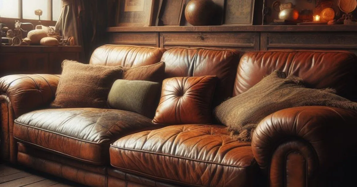 A luxurious leather couch in a modern living room setting to represent blog how to clean leather couch.