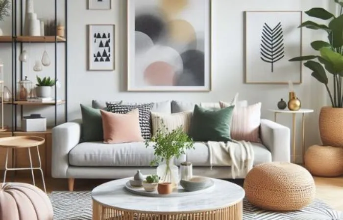 A living room with various home decor items including plants, throw pillows, rugs, and wall art, representing rental-friendly decorating ideas.