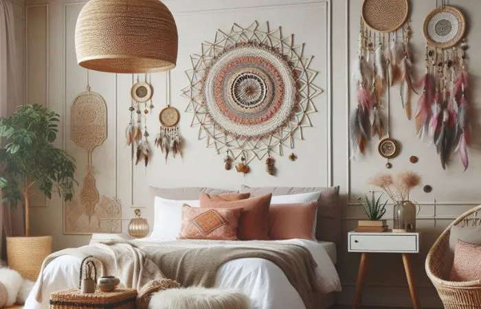 Feature image of a Boho bedroom with colourful textiles and wall decor