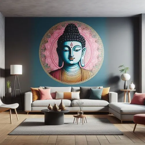 Living room with bright sofa and Buddha face on the wall