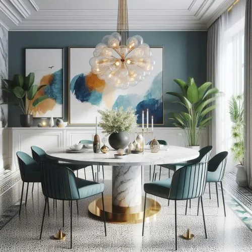 Rich dining room with marble top dining table and golden touches