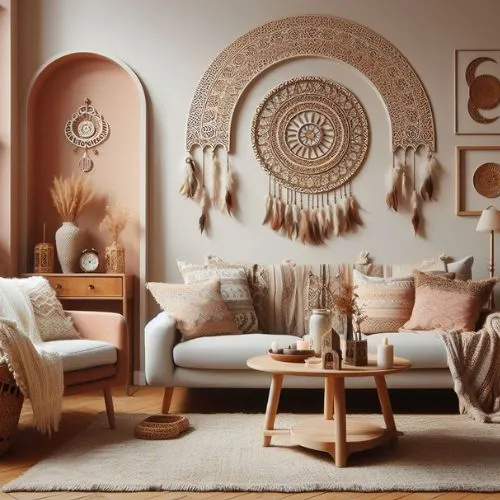 Boho living room with eclectic decor and comfortable seating