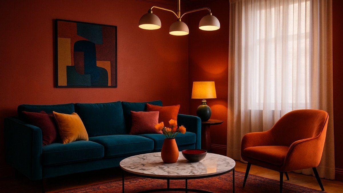 A dark-toned living room with deep red walls, a teal sofa, and orange accents, creating a visually heavy atmosphere that feels smaller and dim despite the warm lighting.