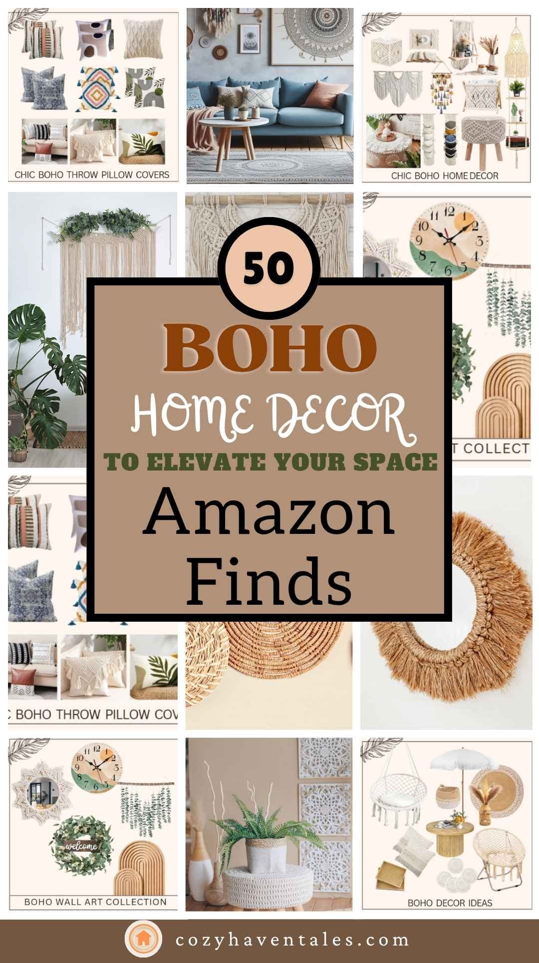 Collage showcasing 50 trending boho home decor ideas for modern and cozy spaces.