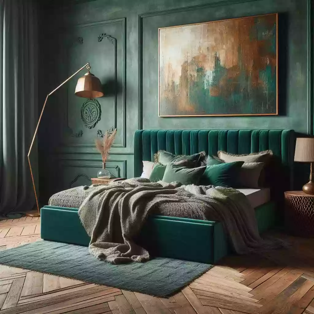 Rustic bedroom with dark green elements