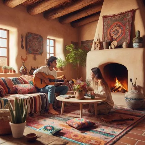 Adobe-style boho chic living room with earthy tones, natural textures, rustic elements, and potted plants.