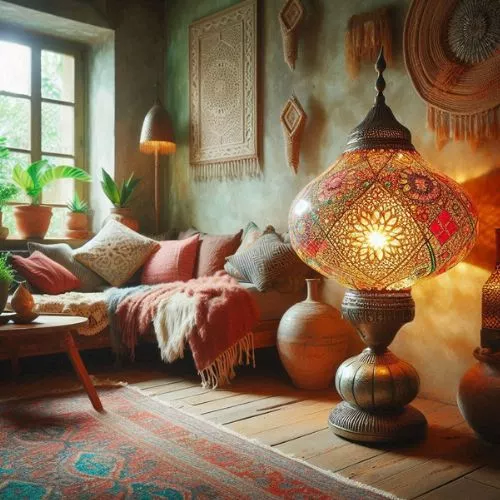 Boho chic living room with vibrant Moroccan lamp, warm light, and colourful Moroccan poufs for seating.