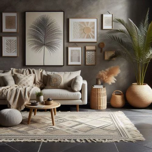 Boho chic living room with neutral tones of grey, featuring a patterned area rug, fan palm tree, minimal wall art, and dark grey stone flooring.