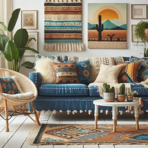 Boho chic living room with Southwestern influences, vibrant blue denim sofa, cream pillows, white glossy walls, corner plants, and a wicker accent chair.