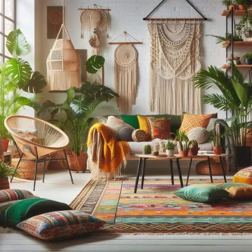 Boho chic living room with eclectic decor, colourful cushions, vintage-inspired rugs, rattan chairs, macramé hangings, and indoor plants.