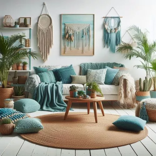 Boho chic living room with turquoise decor, soft throw blankets, plush cushions, woven rugs, white walls, potted plants, and macramé hanging.