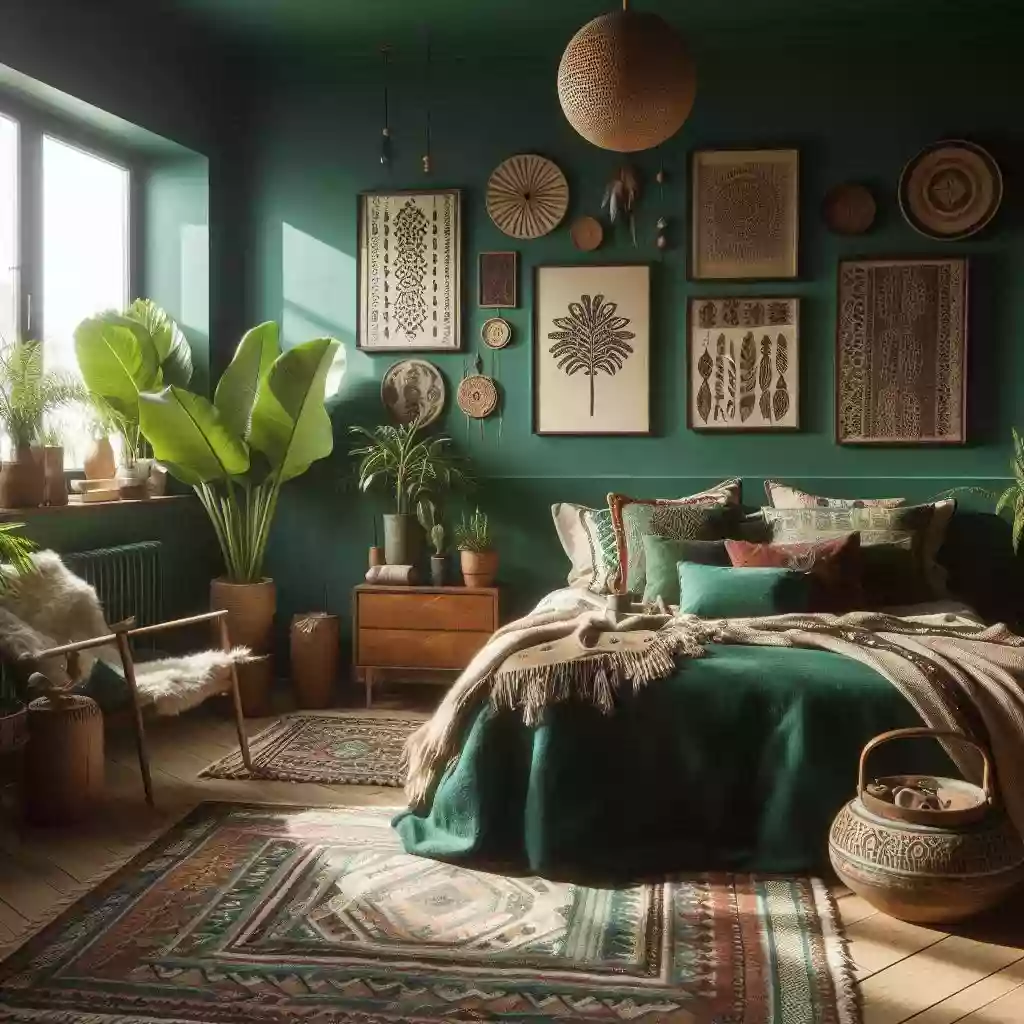 Dark Green Bedroom accessorised with plants