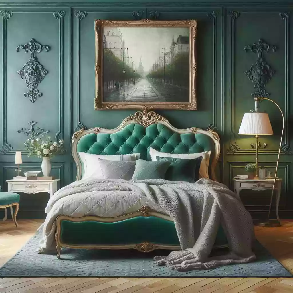 French country style bedroom with emerald green accents.