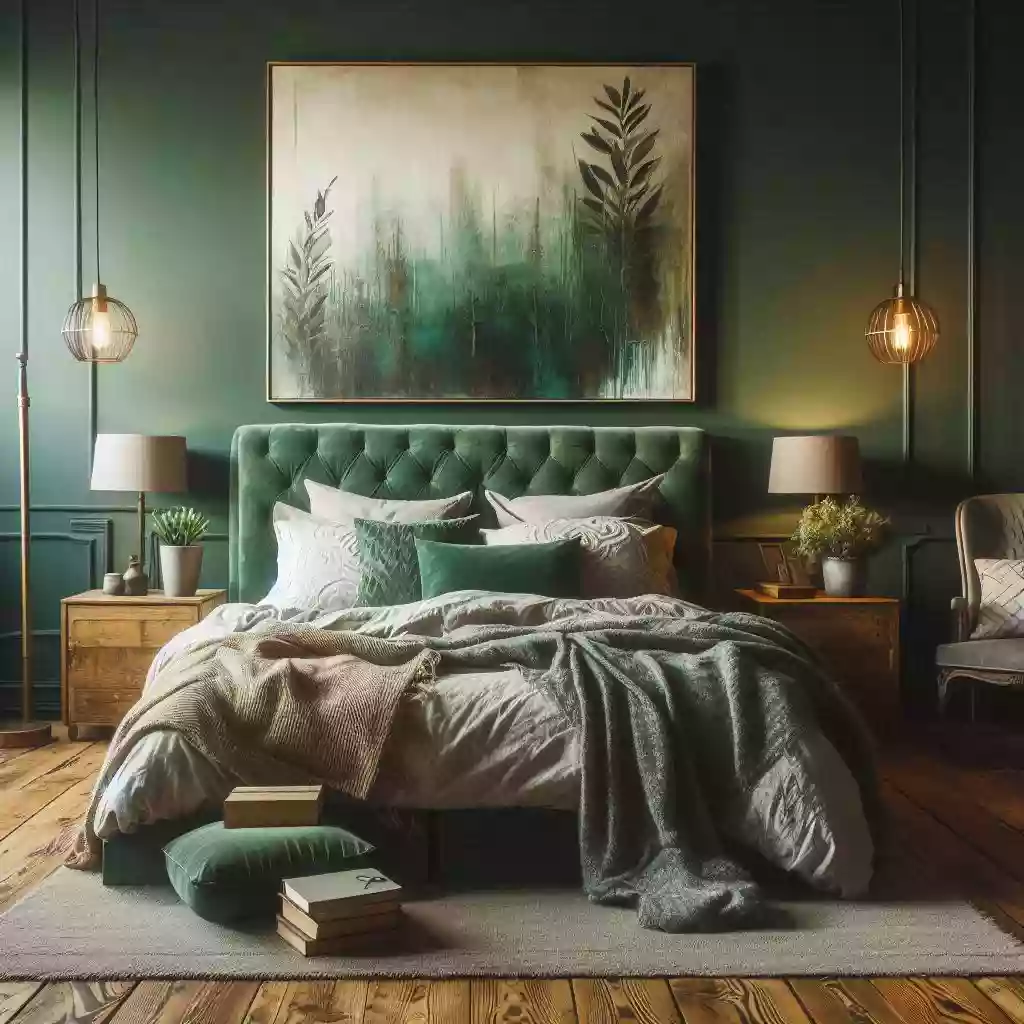 Bedroom with green and earthy tones, complemented by plan