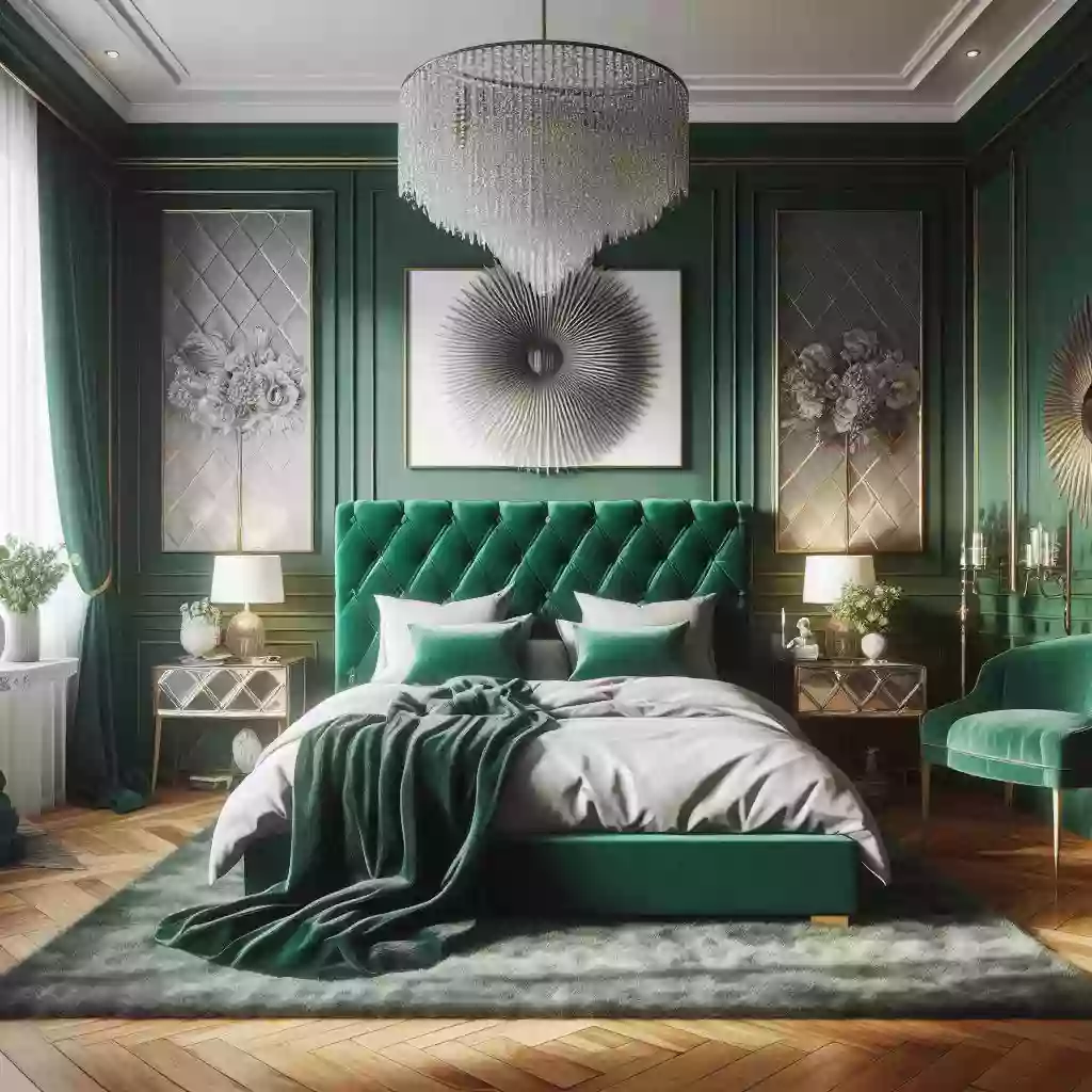 Bedroom with Green area rug to anchor the room