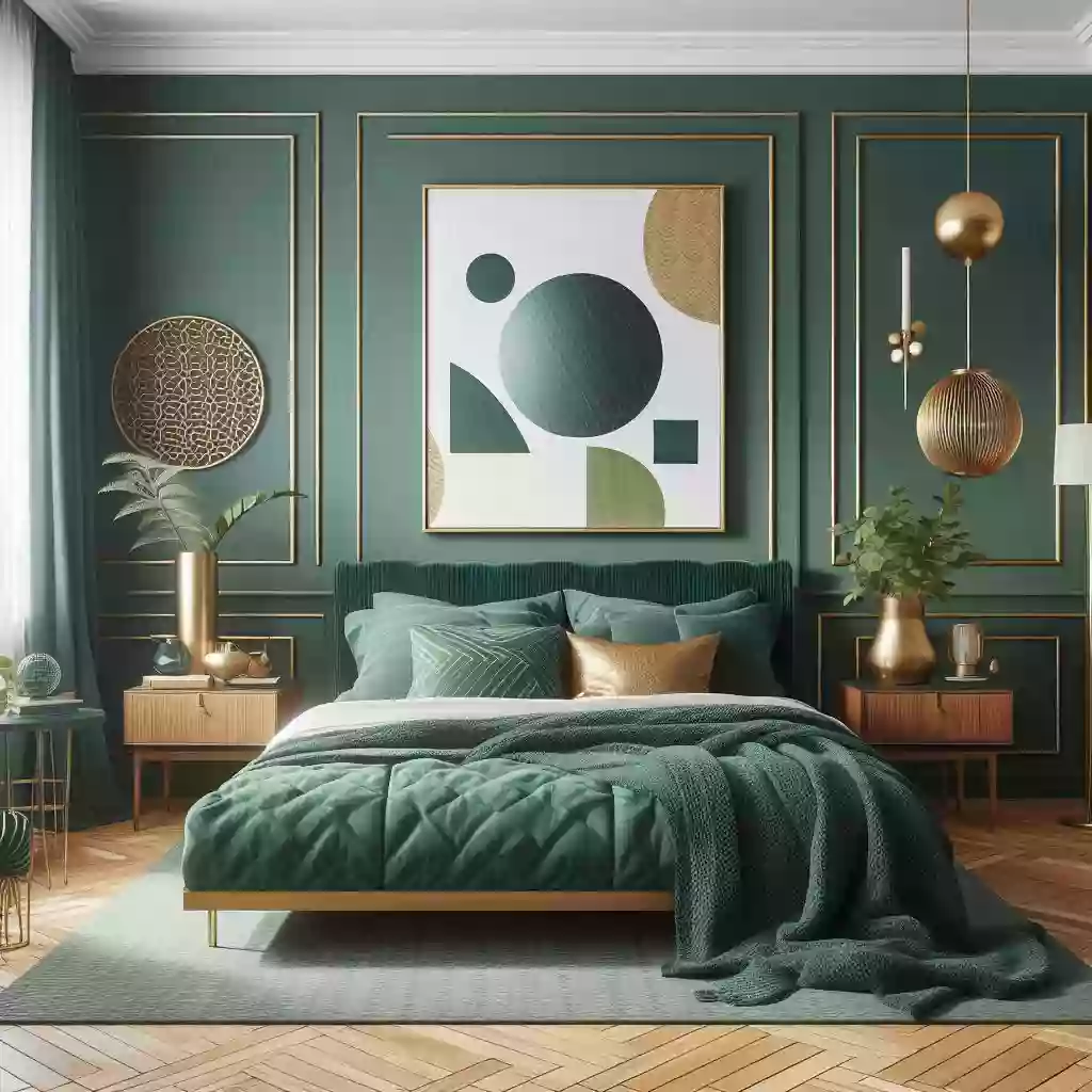 Bedroom with green sheets and pillowcases