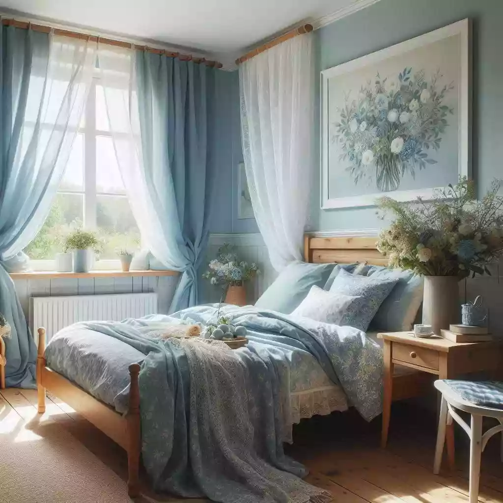 Bedroom with light blue walls and white sheer curtains, floral design bedding, creating a serene atmosphere