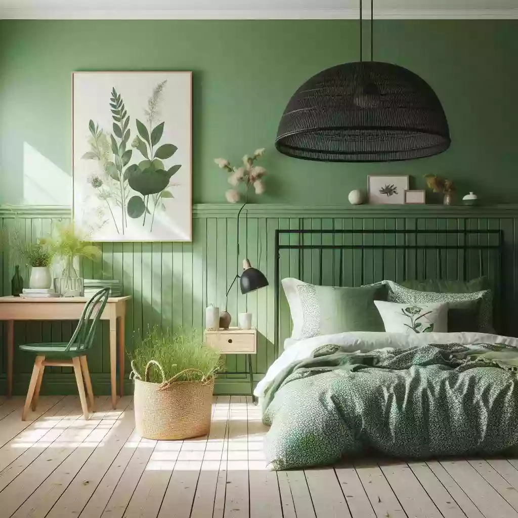 Bedroom with light green decor reflecting summer vibes.