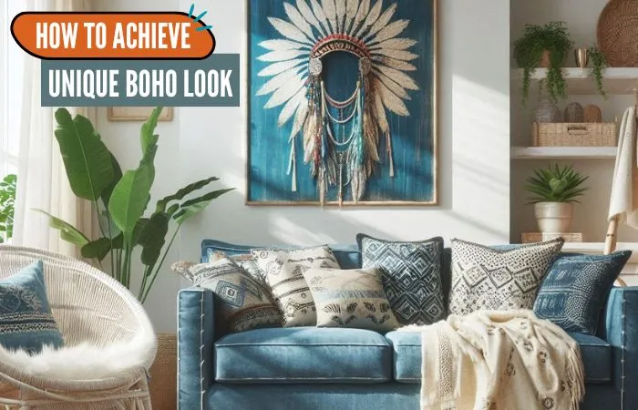 Discover how to achieve a boho look with a cozy, eclectic living room featuring blended textures, patterns, and natural elements.