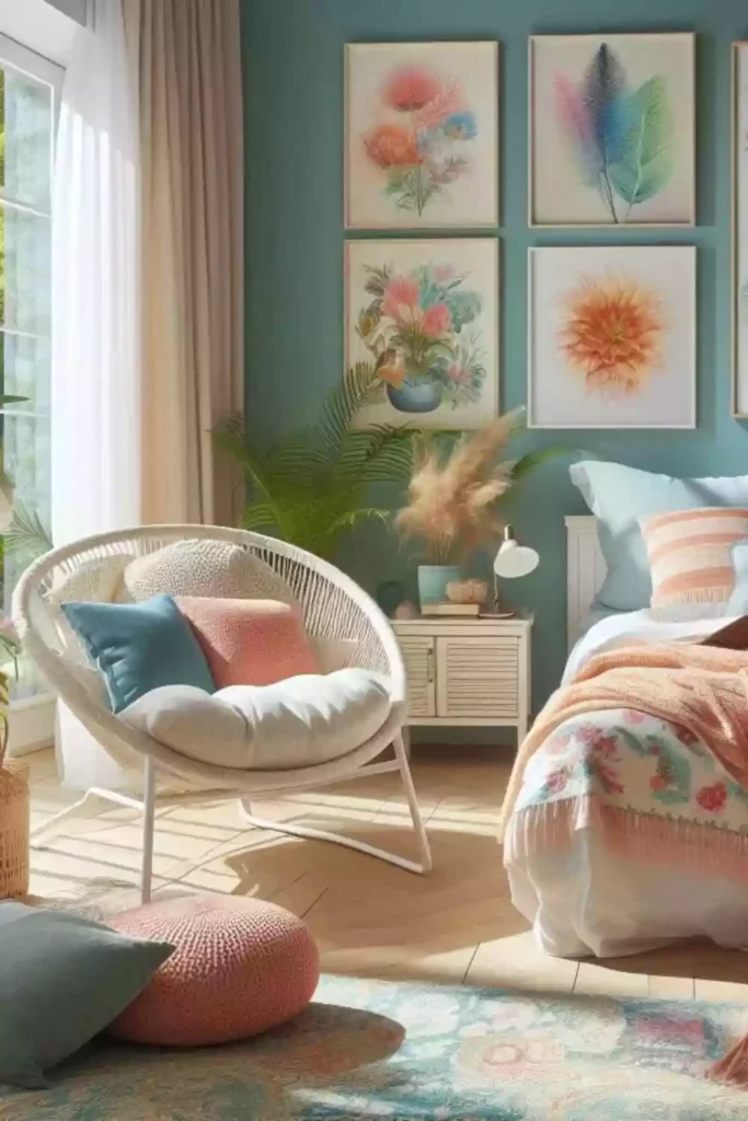 Bedroom with a variety of colours used in the decor, demonstrating the use of colour psychology in home design.