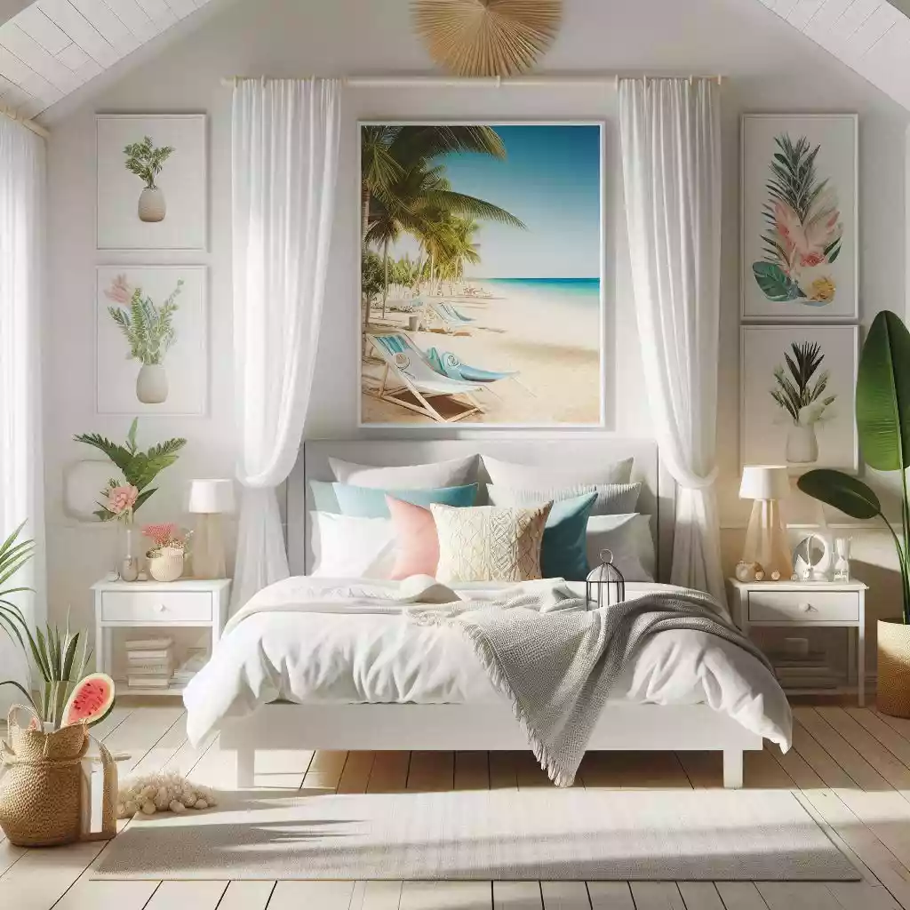 Bedroom with vacation photos, and decorative items.