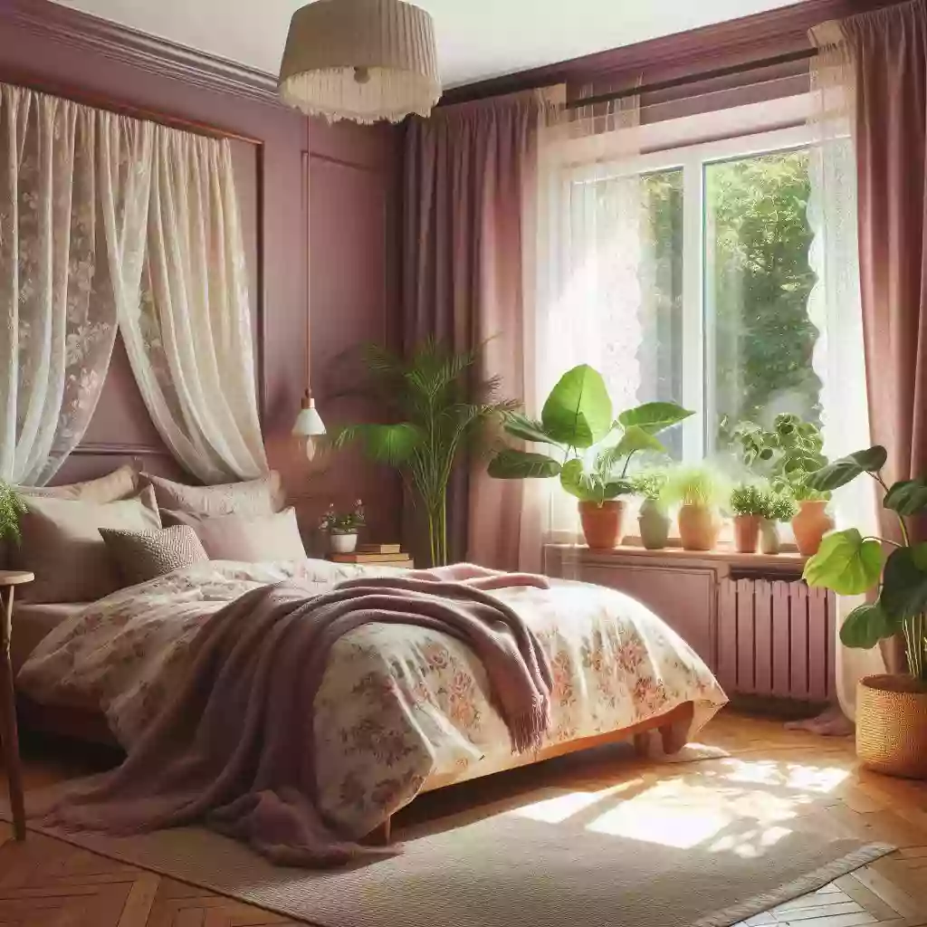 summer bedroom ideas: corner with a small green plant on a window sill