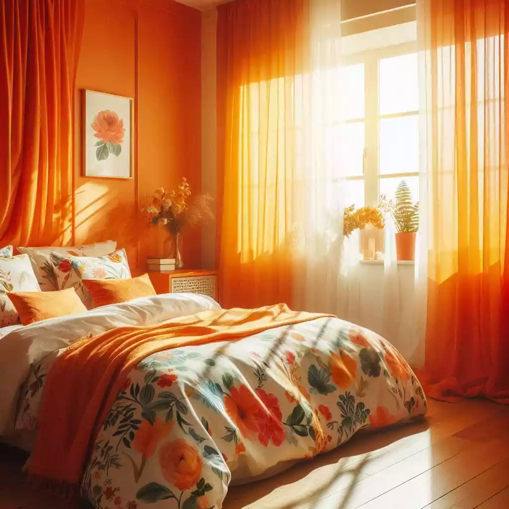 Bedroom with sunlight streaming through sheer curtains